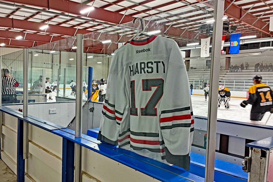 Three special Innisfail Eagles jerseys were created for the three children of the late Tyler Haarstad, who was known to his teammates as Haarsty. The jerseys, which were given to the children before the Innisfail Eagles Alumni Fundraiser Game on Feb. 25, each had Haarsty on the back with his number 17. Johnnie Bachusky/MVP Staff